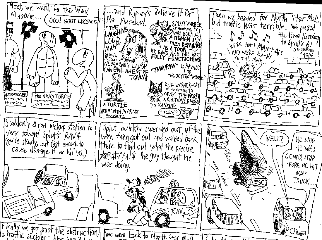 Wax museum. Ripley's Believe It Or Not Museum. Traffic jam. Idiot about to hit Splut's RAV4. CLANG!